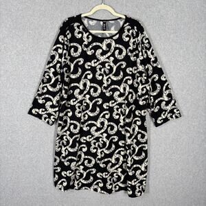 Diva D Dress 3XL Black Cream Mini Knit Paisley 3/4 Sleeve Thin Stretch‎ Shift